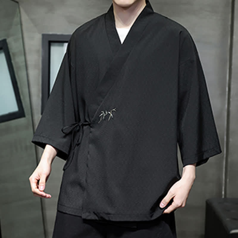 Nimara Ritual Summer Tang Style Minimalist Drawstring Bamboo Solid Three-Quarter Sleeve Men's Kimono