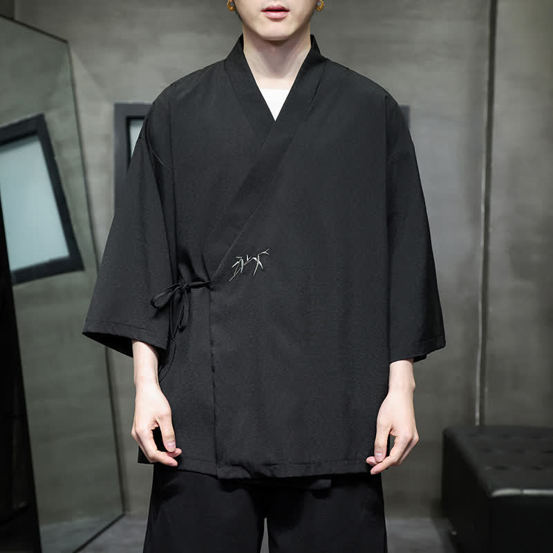 Nimara Ritual Summer Tang Style Minimalist Drawstring Bamboo Solid Three-Quarter Sleeve Men's Kimono