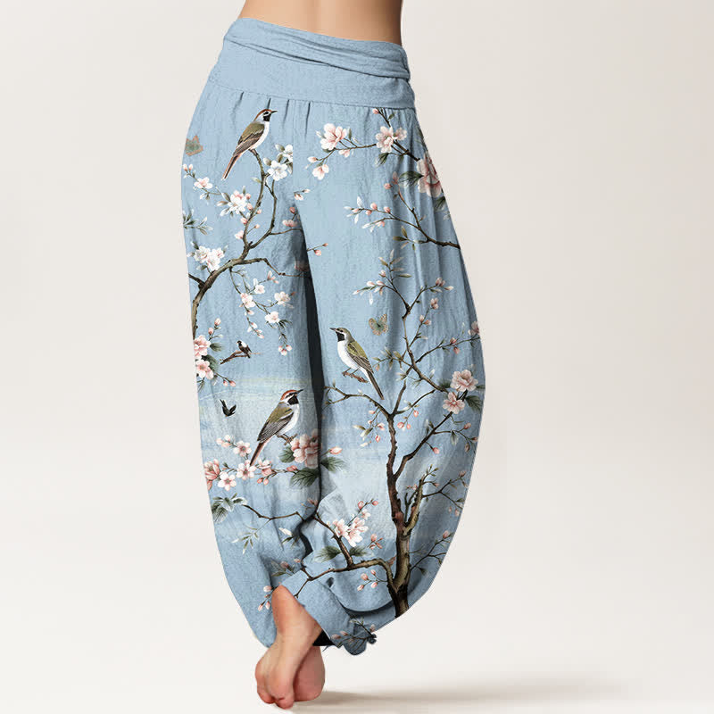 Nimara Ritual Cotton Cherry Blossoms Bird Pattern Women's Elastic Waist Harem Pants