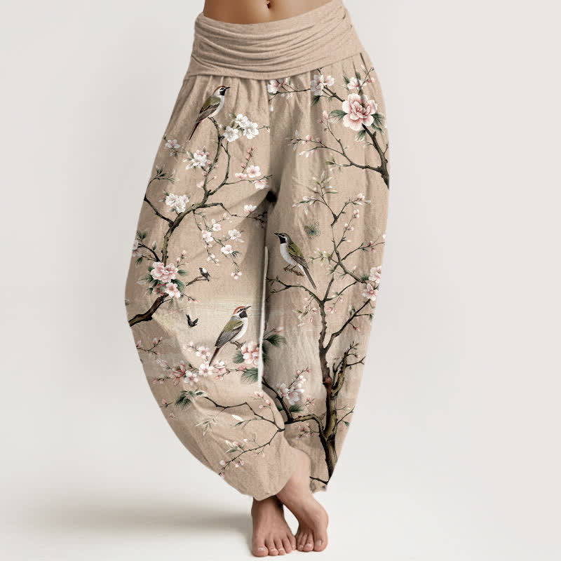 Nimara Ritual Cotton Cherry Blossoms Bird Pattern Women's Elastic Waist Harem Pants