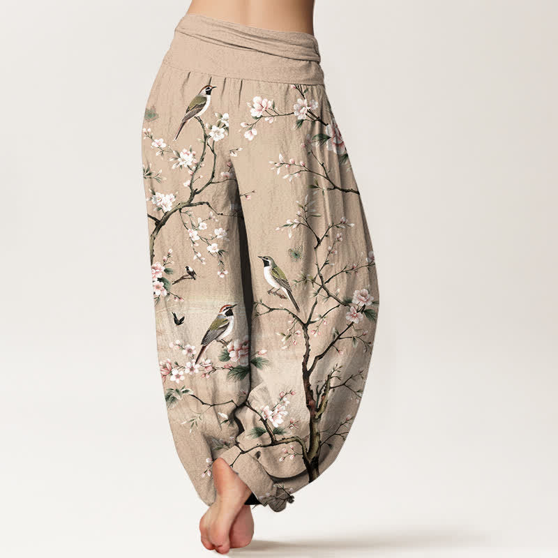 Nimara Ritual Cotton Cherry Blossoms Bird Pattern Women's Elastic Waist Harem Pants