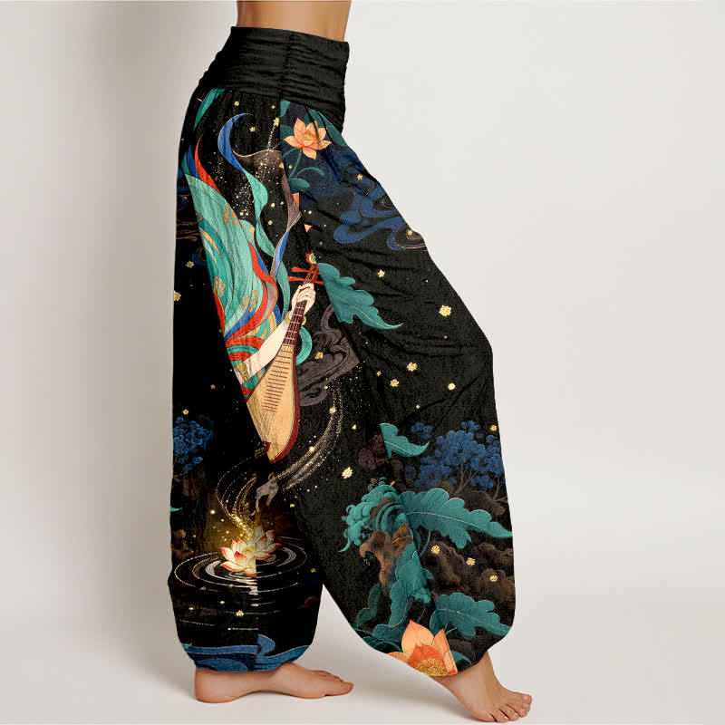 Nimara Ritual Cotton Celestial Musician Lotus Pattern Women's Elastic Waist Harem Pants