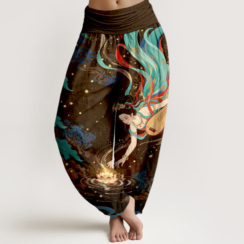 Nimara Ritual Cotton Celestial Musician Lotus Pattern Women's Elastic Waist Harem Pants