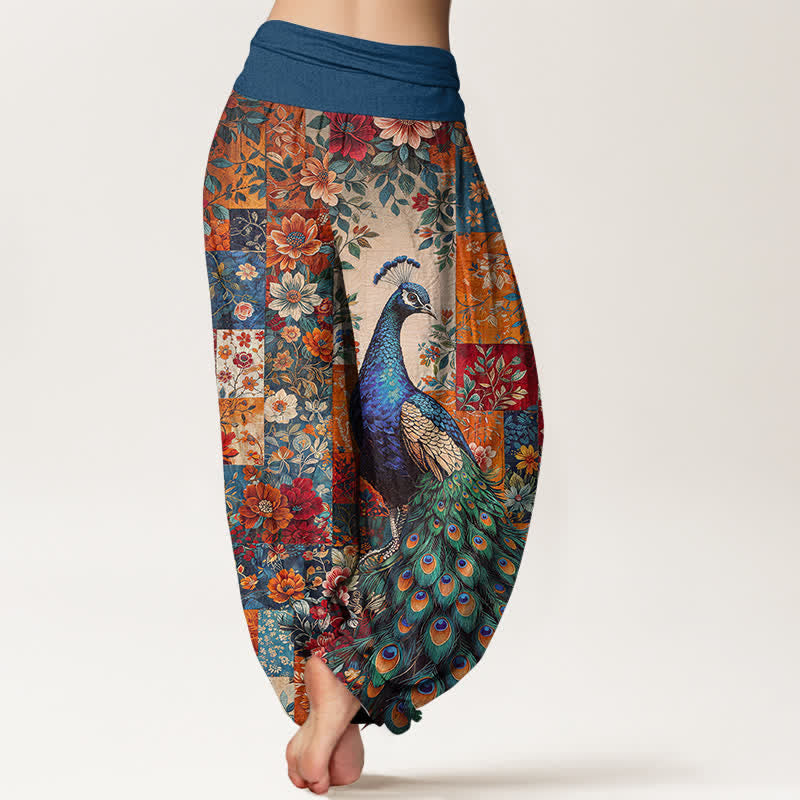 Nimara Ritual Cotton Peacock Floral Patchwork Pattern Women's Elastic Waist Harem Pants