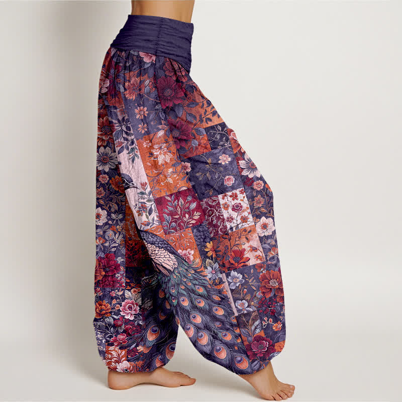 Nimara Ritual Cotton Peacock Floral Patchwork Pattern Women's Elastic Waist Harem Pants