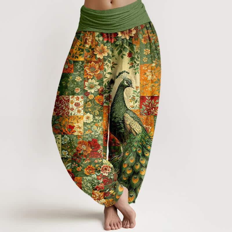 Nimara Ritual Cotton Peacock Floral Patchwork Pattern Women's Elastic Waist Harem Pants