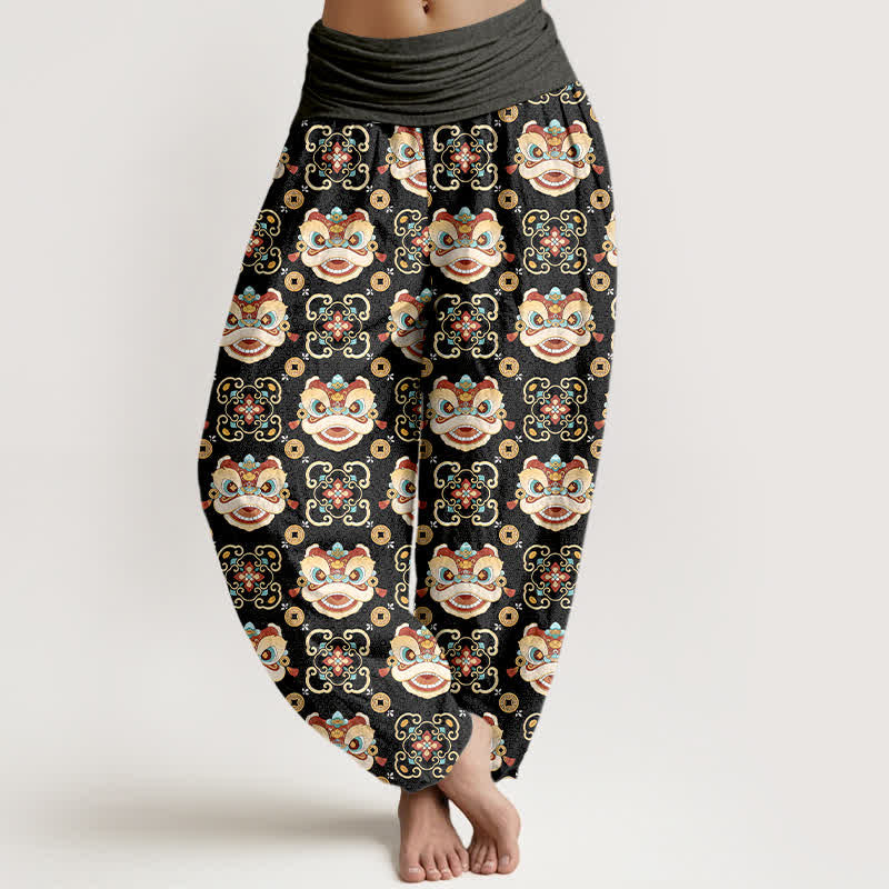 Nimara Ritual Cotton Tribal Lion Mask Pattern Women's Elastic Waist Harem Pants