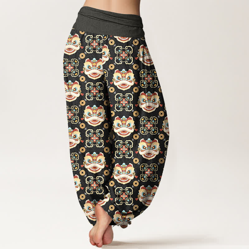 Nimara Ritual Cotton Tribal Lion Mask Pattern Women's Elastic Waist Harem Pants