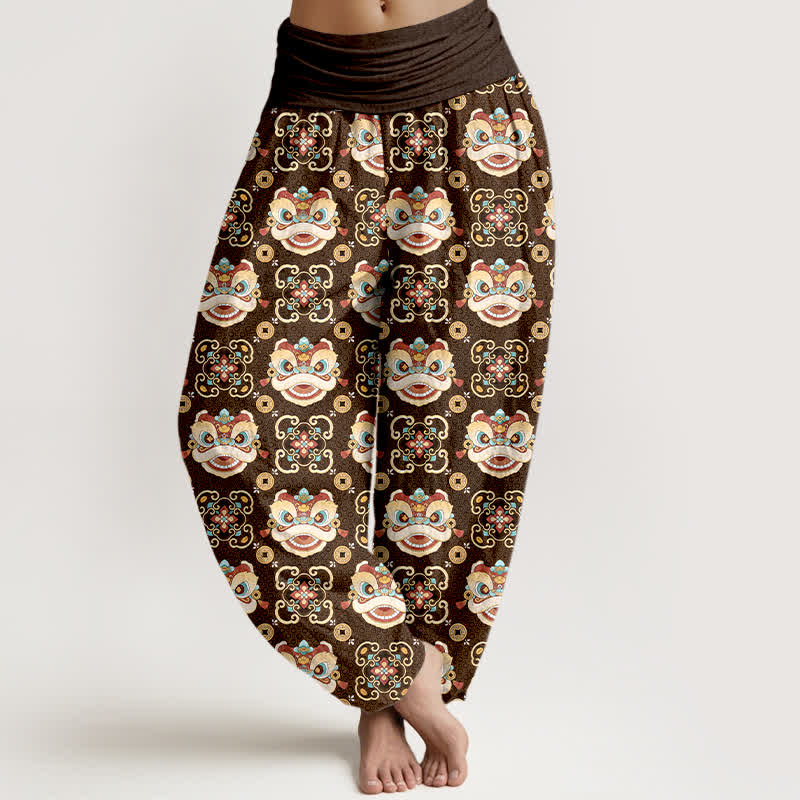 Nimara Ritual Cotton Tribal Lion Mask Pattern Women's Elastic Waist Harem Pants
