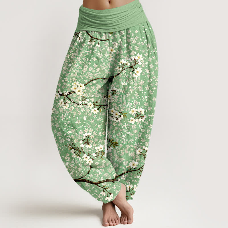 Nimara Ritual Cotton White Blossom Branch Pattern Women's Elastic Waist Harem Pants