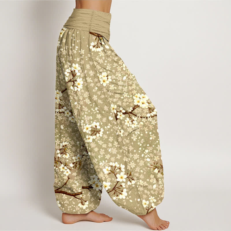 Nimara Ritual Cotton White Blossom Branch Pattern Women's Elastic Waist Harem Pants