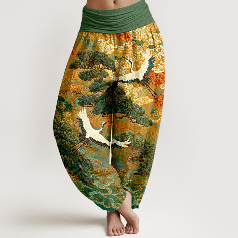 Nimara Ritual Cotton Crane Pine Wave Pattern Women's Elastic Waist Harem Pants