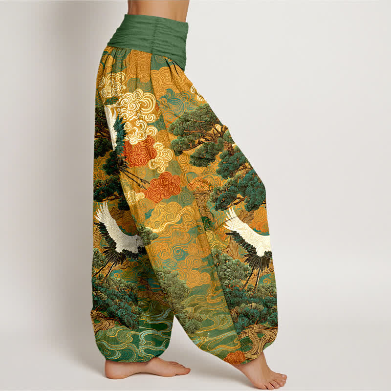 Nimara Ritual Cotton Crane Pine Wave Pattern Women's Elastic Waist Harem Pants