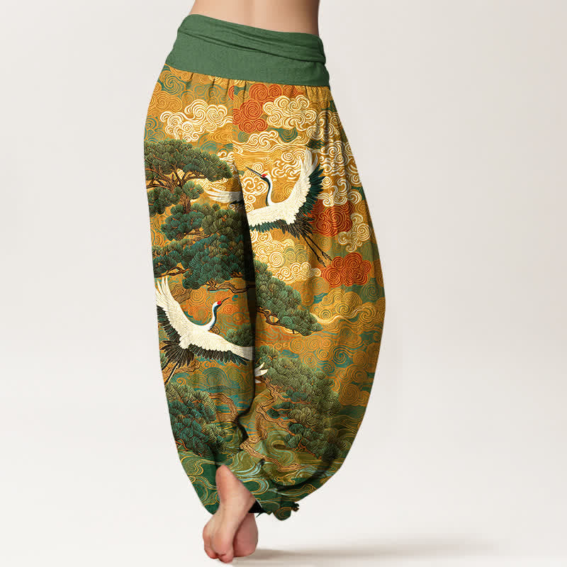 Nimara Ritual Cotton Crane Pine Wave Pattern Women's Elastic Waist Harem Pants
