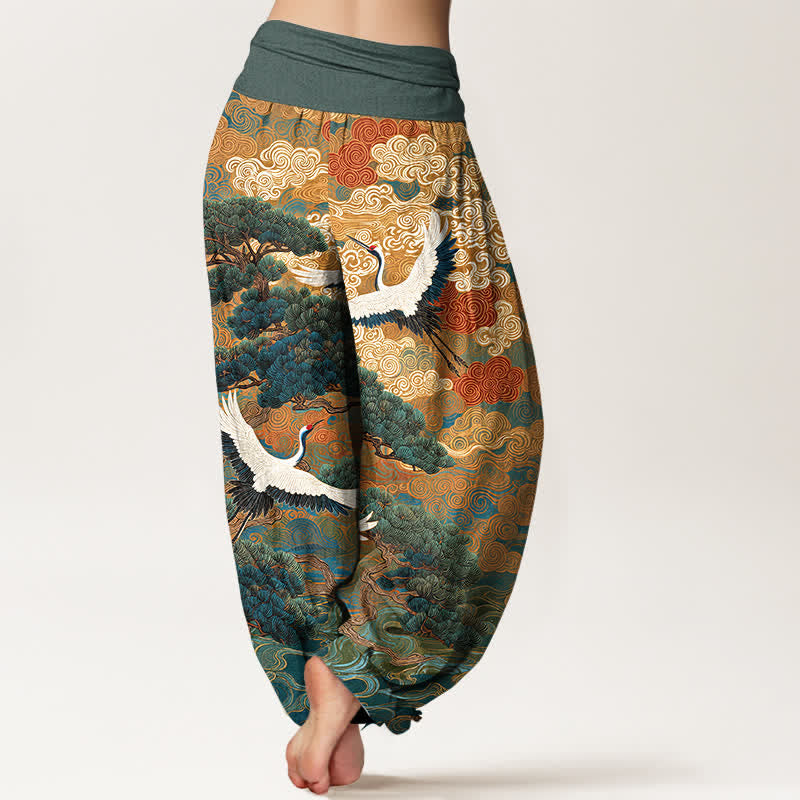 Nimara Ritual Cotton Crane Pine Wave Pattern Women's Elastic Waist Harem Pants