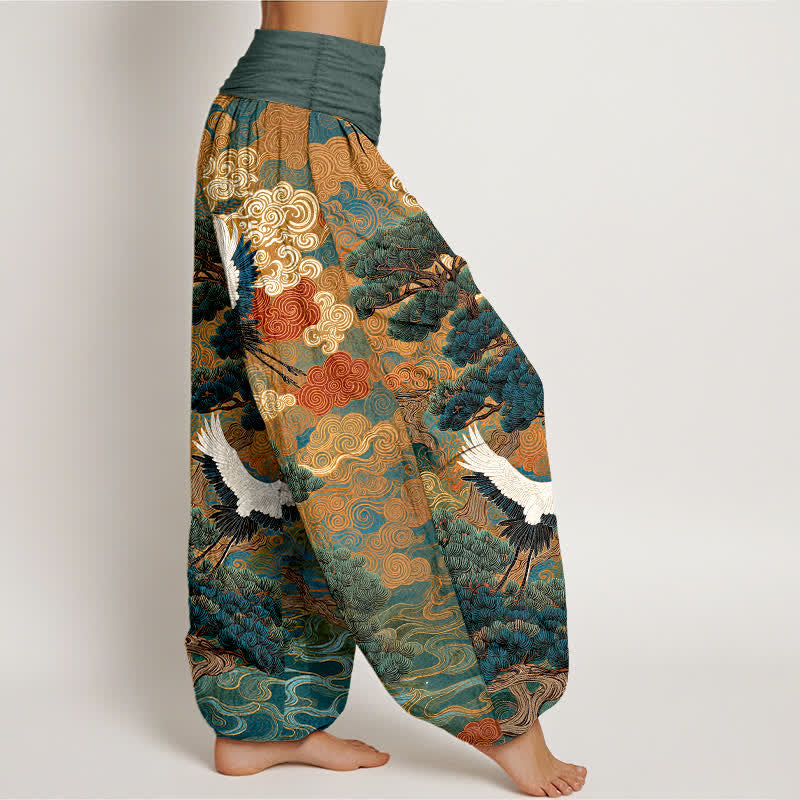 Nimara Ritual Cotton Crane Pine Wave Pattern Women's Elastic Waist Harem Pants