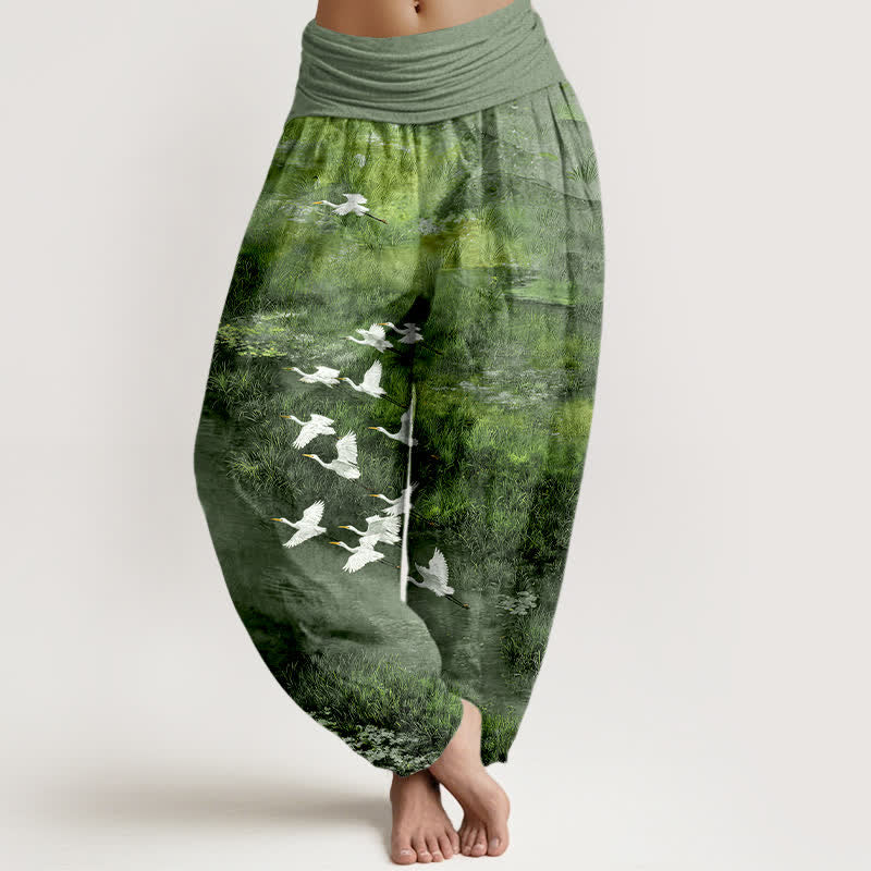 Nimara Ritual Cotton Forest Lake Flying Bird Pattern Women's Elastic Waist Harem Pants