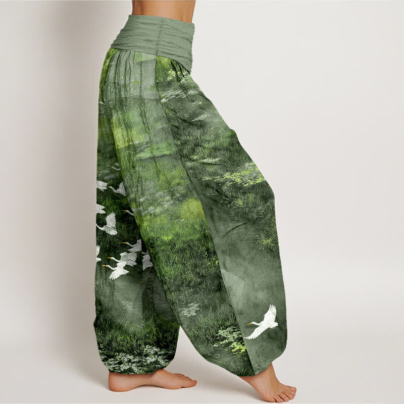 Nimara Ritual Cotton Forest Lake Flying Bird Pattern Women's Elastic Waist Harem Pants