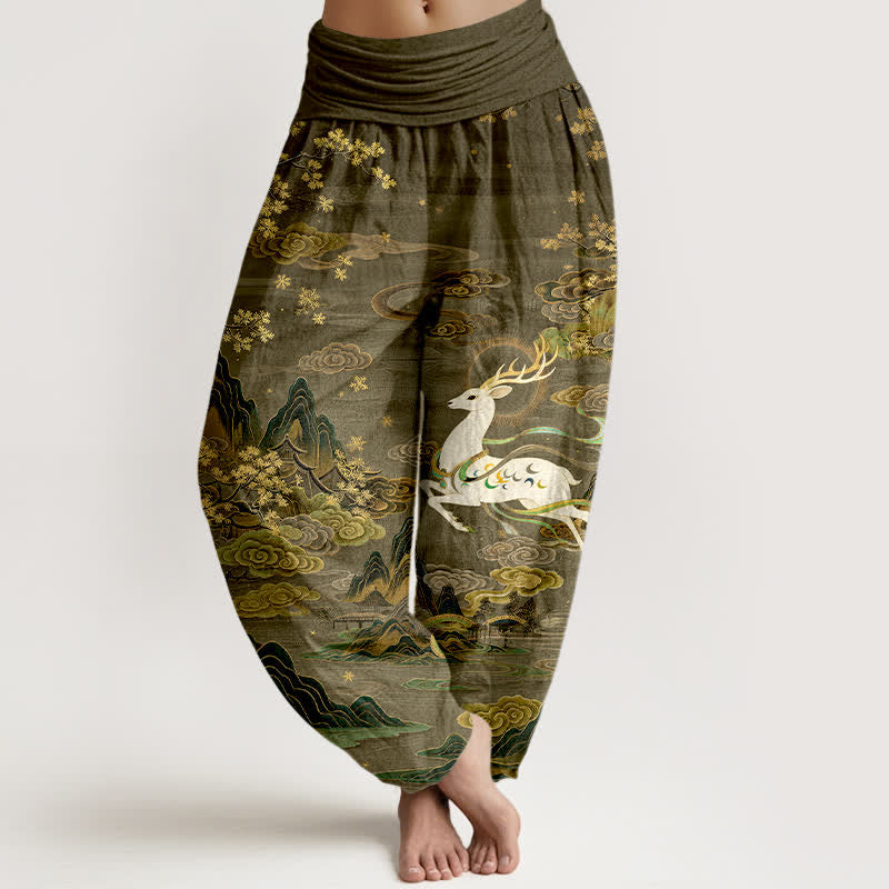 Nimara Ritual Cotton White Deer Mountain Pattern Women's Elastic Waist Harem Pants