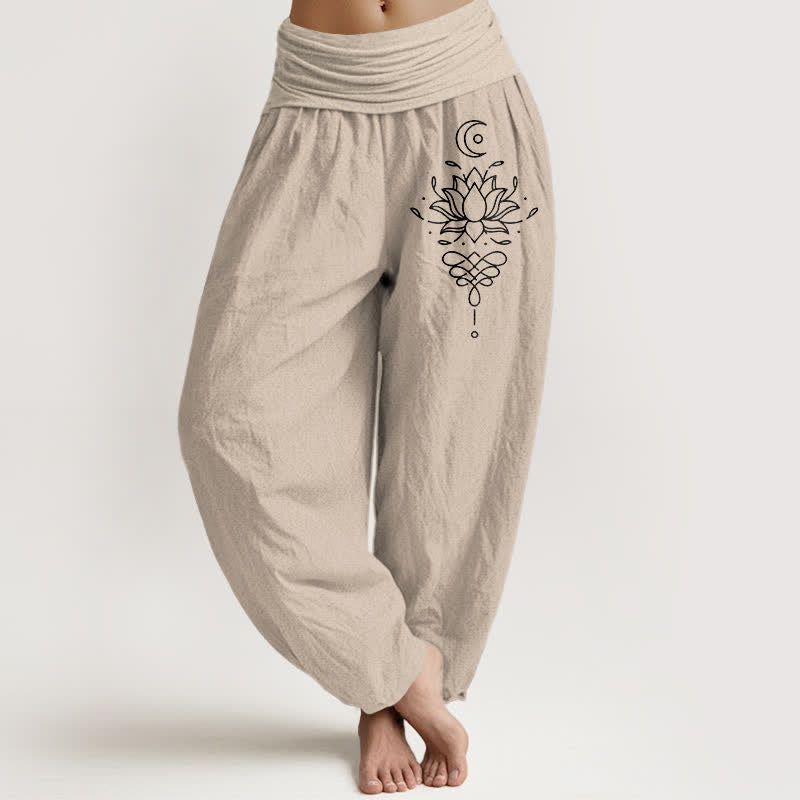 Nimara Ritual Pure Cotton White Lotus Pattern Women's Elastic Waist Harem Pants