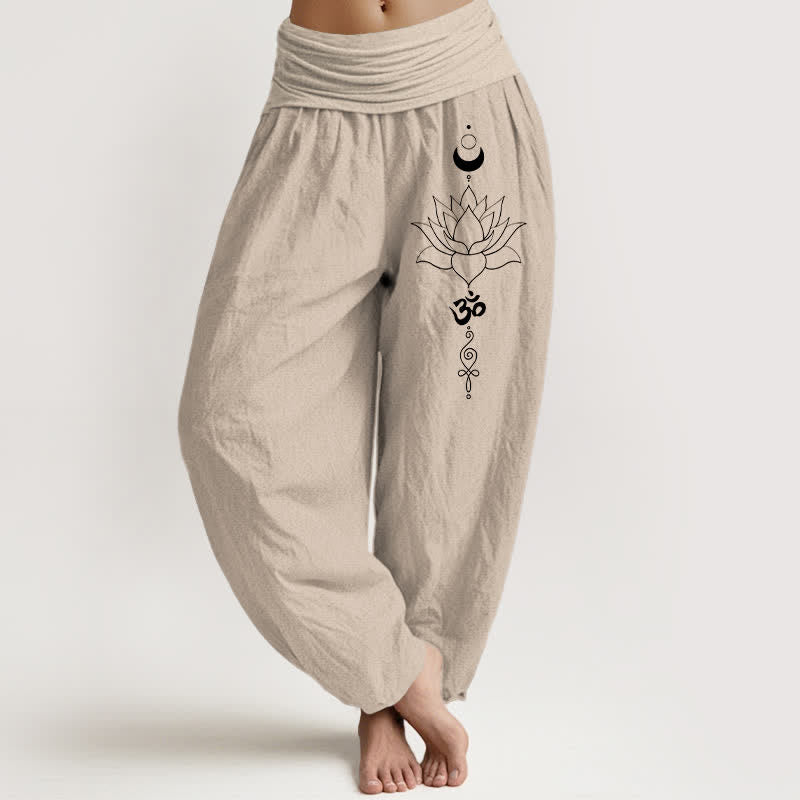 Nimara Ritual Pure Cotton Lotus Moon Om Pattern Women's Elastic Waist Harem Pants