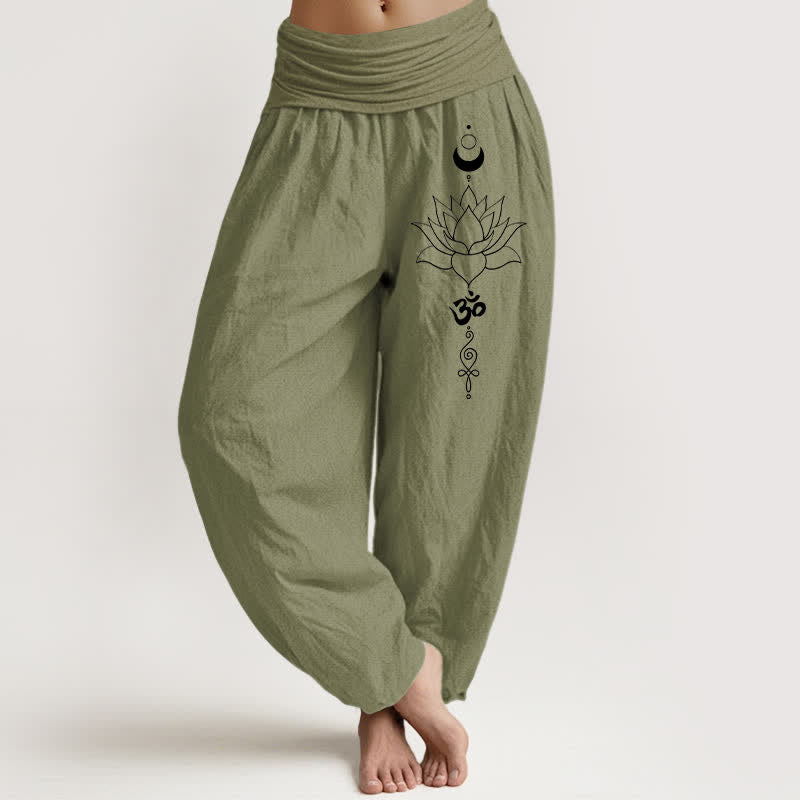 Nimara Ritual Pure Cotton Lotus Moon Om Pattern Women's Elastic Waist Harem Pants