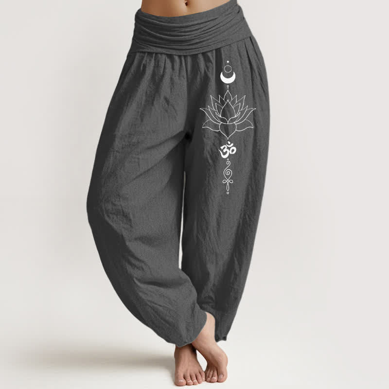 Nimara Ritual Pure Cotton Lotus Moon Om Pattern Women's Elastic Waist Harem Pants