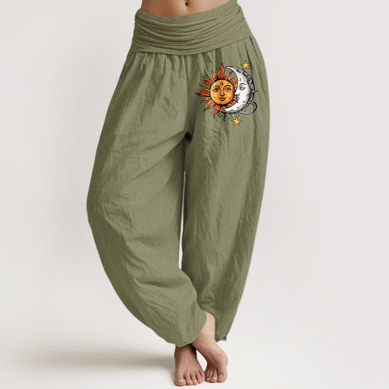 Nimara Ritual Pure Cotton Sun and Moon Pattern Women's Elastic Waist Harem Pants