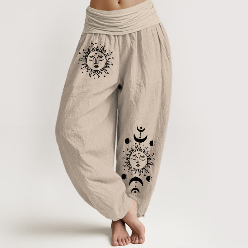 Nimara Ritual Pure Cotton Sun Moon Pattern Women's Elastic Waist Harem Pants