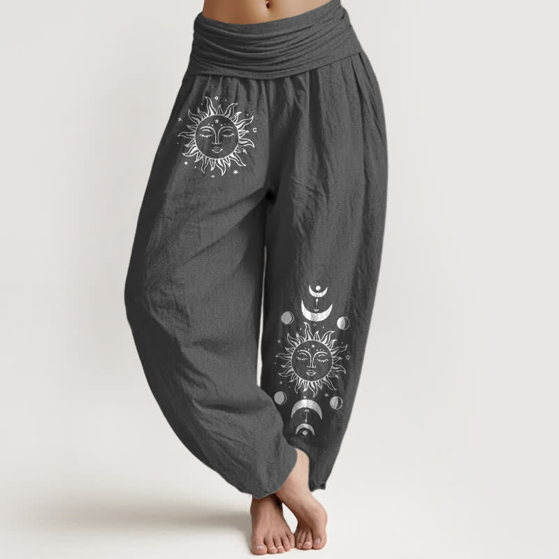 Nimara Ritual Pure Cotton Sun Moon Pattern Women's Elastic Waist Harem Pants