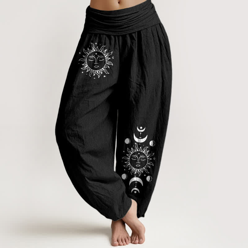Nimara Ritual Pure Cotton Sun Moon Pattern Women's Elastic Waist Harem Pants