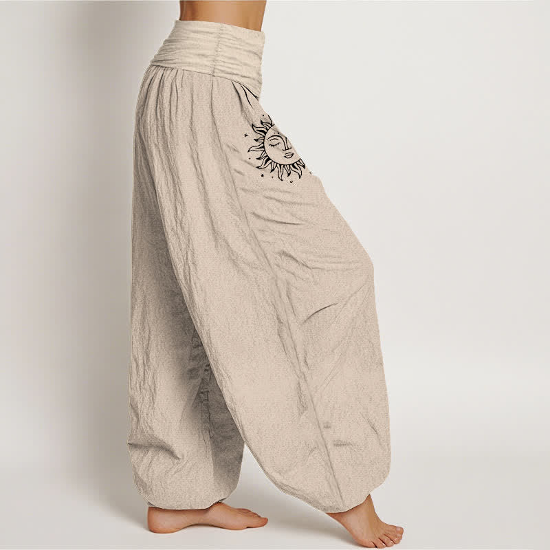Nimara Ritual Pure Cotton Sun Moon Pattern Women's Elastic Waist Harem Pants