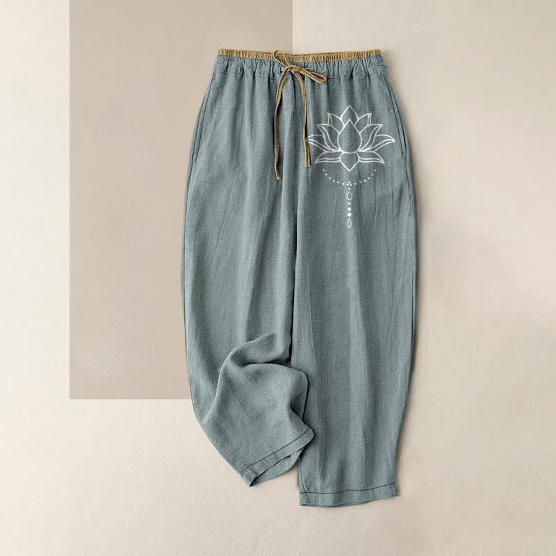 Nimara Ritual Pure Cotton Serene Lotus Pattern Women's Elastic Waist Pants With Pockets