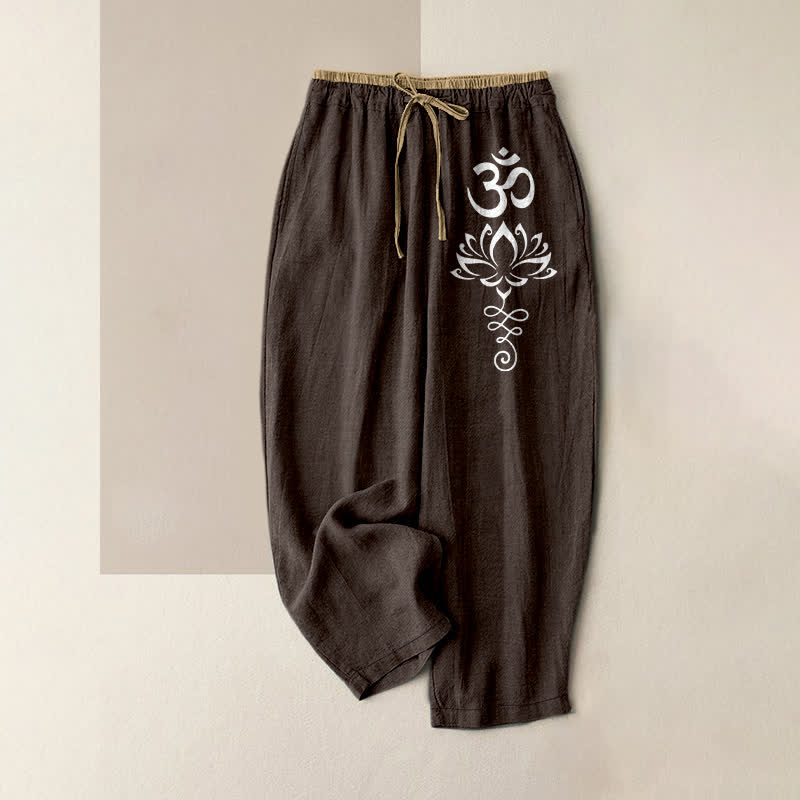 Nimara Ritual Pure Cotton Zen Lotus Om Pattern Women's Elastic Waist Pants With Pockets