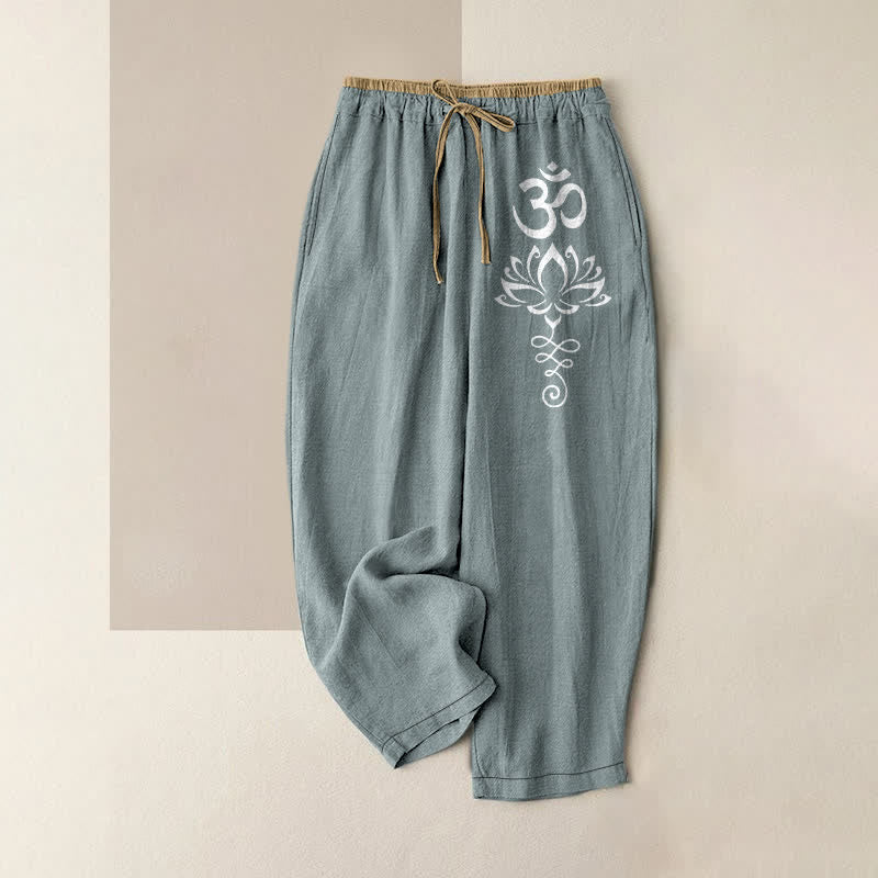 Nimara Ritual Pure Cotton Zen Lotus Om Pattern Women's Elastic Waist Pants With Pockets