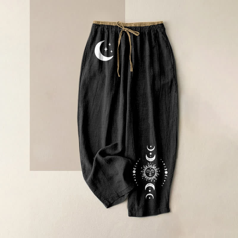 Nimara Ritual Pure Cotton Elegant Celestial Moon Phase Pattern Women's Elastic Waist Pants With Pockets