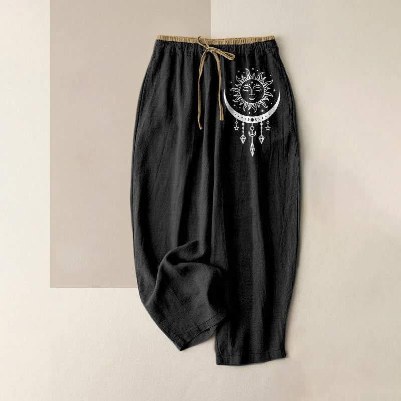 Nimara Ritual Pure Cotton Celestial Sun Moon Pattern Women's Elastic Waist Pants With Pockets