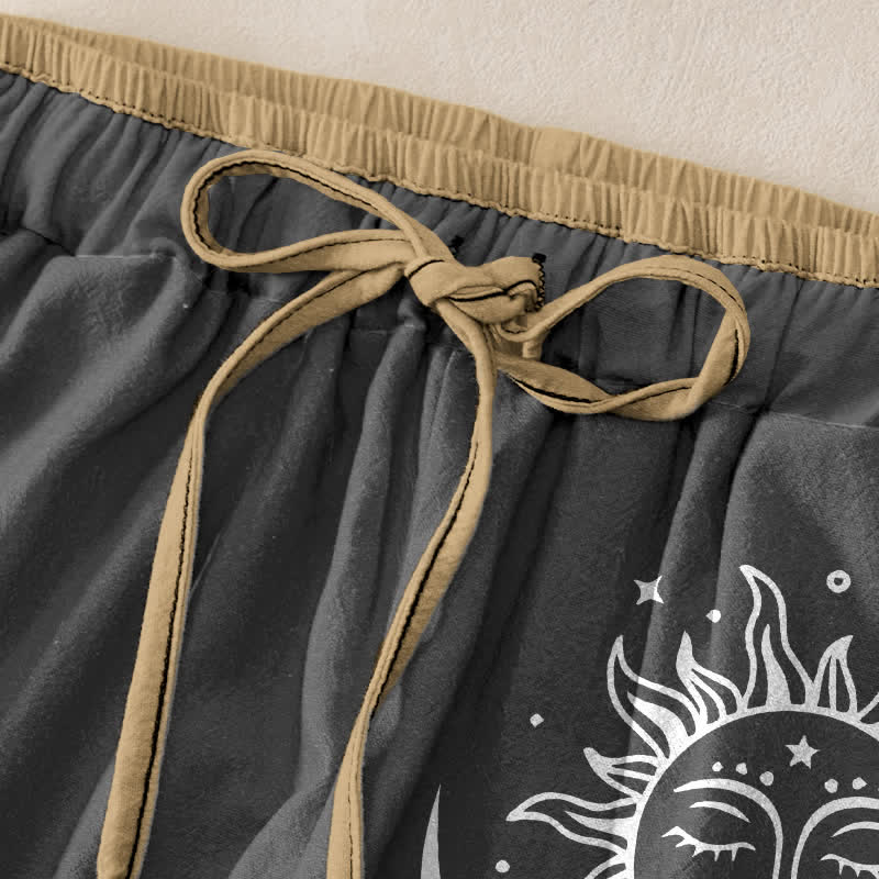 Nimara Ritual Pure Cotton Celestial Sun Moon Pattern Women's Elastic Waist Pants With Pockets