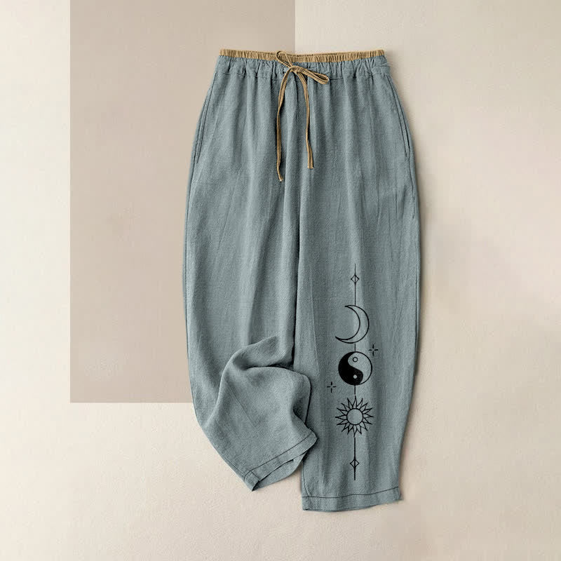 Nimara Ritual Pure Cotton Celestial Yin Yang Pattern Women's Elastic Waist Pants With Pockets