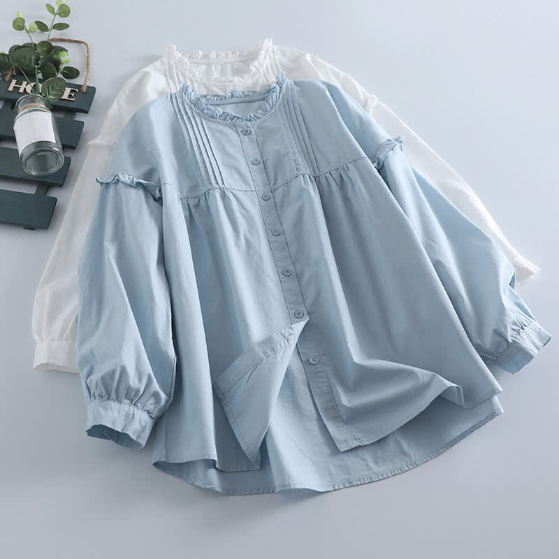 Nimara Ritual Spring Casual Vintage Button-Up Solid Pleated Women's Long Sleeve Shirts