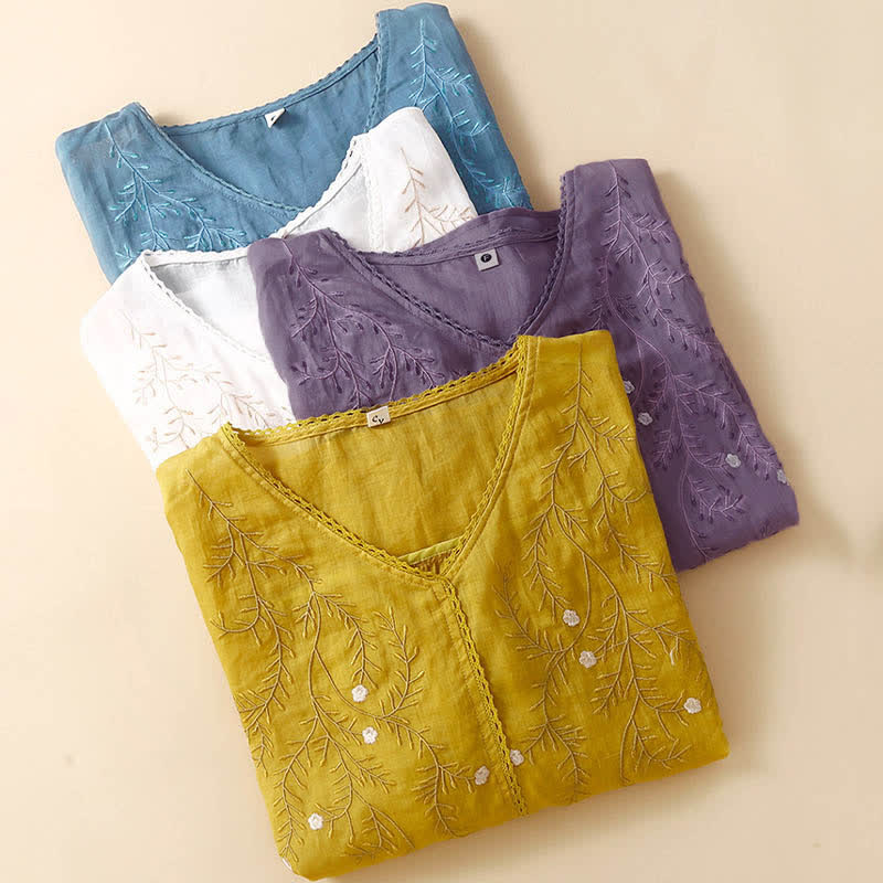 Nimara Ritual Summer Casual Flower Branches Embroidered Pattern V-Neck Half Sleeve Women's T-shirt