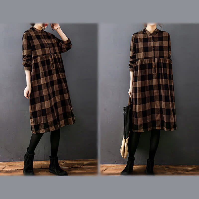 Nimara Ritual Commute Patchwork Color Plaid Long Sleeve Midi Dress