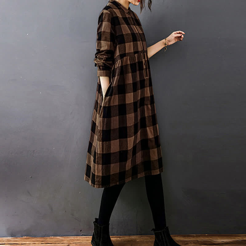 Nimara Ritual Commute Patchwork Color Plaid Long Sleeve Midi Dress