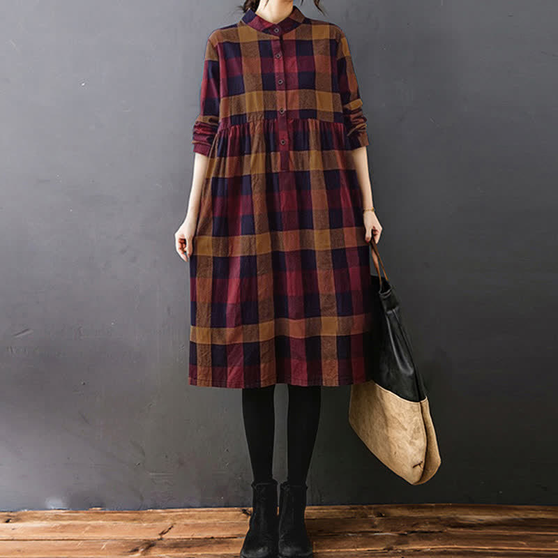 Nimara Ritual Commute Patchwork Color Plaid Long Sleeve Midi Dress