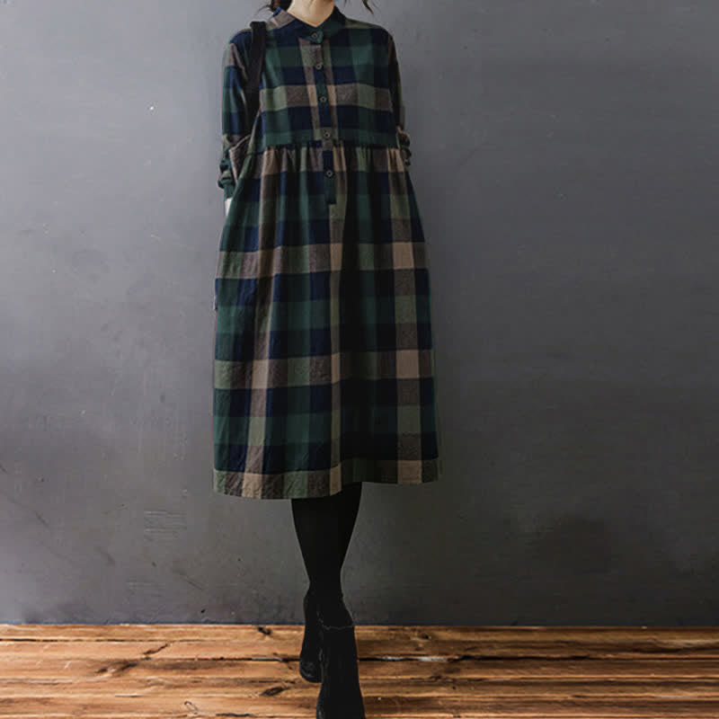 Nimara Ritual Commute Patchwork Color Plaid Long Sleeve Midi Dress