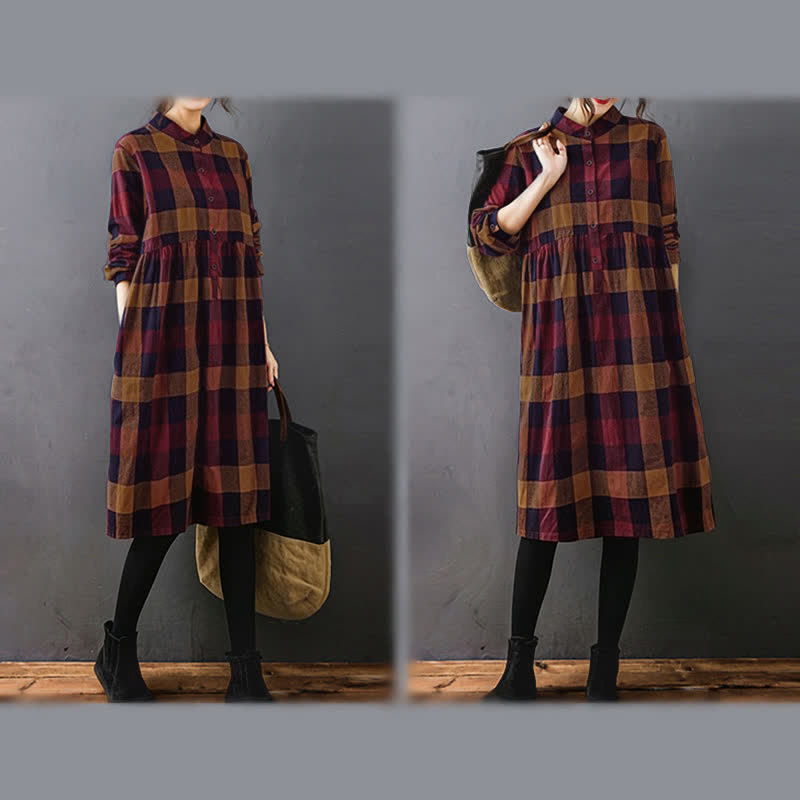 Nimara Ritual Commute Patchwork Color Plaid Long Sleeve Midi Dress