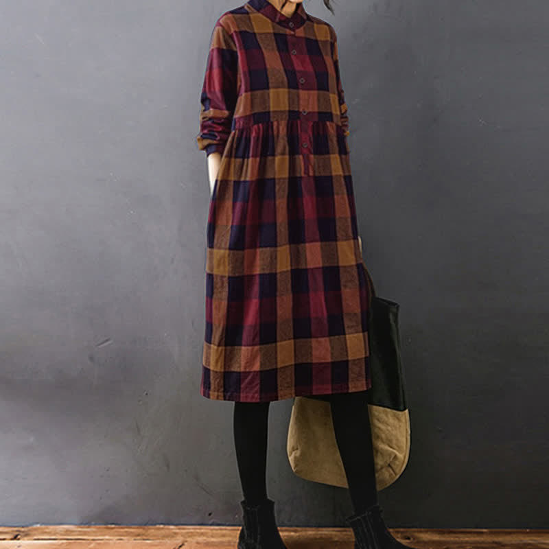 Nimara Ritual Commute Patchwork Color Plaid Long Sleeve Midi Dress