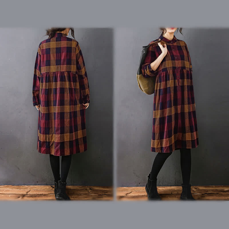 Nimara Ritual Commute Patchwork Color Plaid Long Sleeve Midi Dress