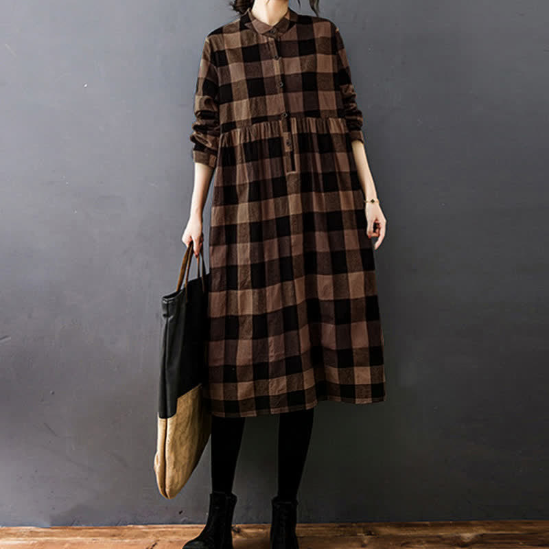 Nimara Ritual Commute Patchwork Color Plaid Long Sleeve Midi Dress