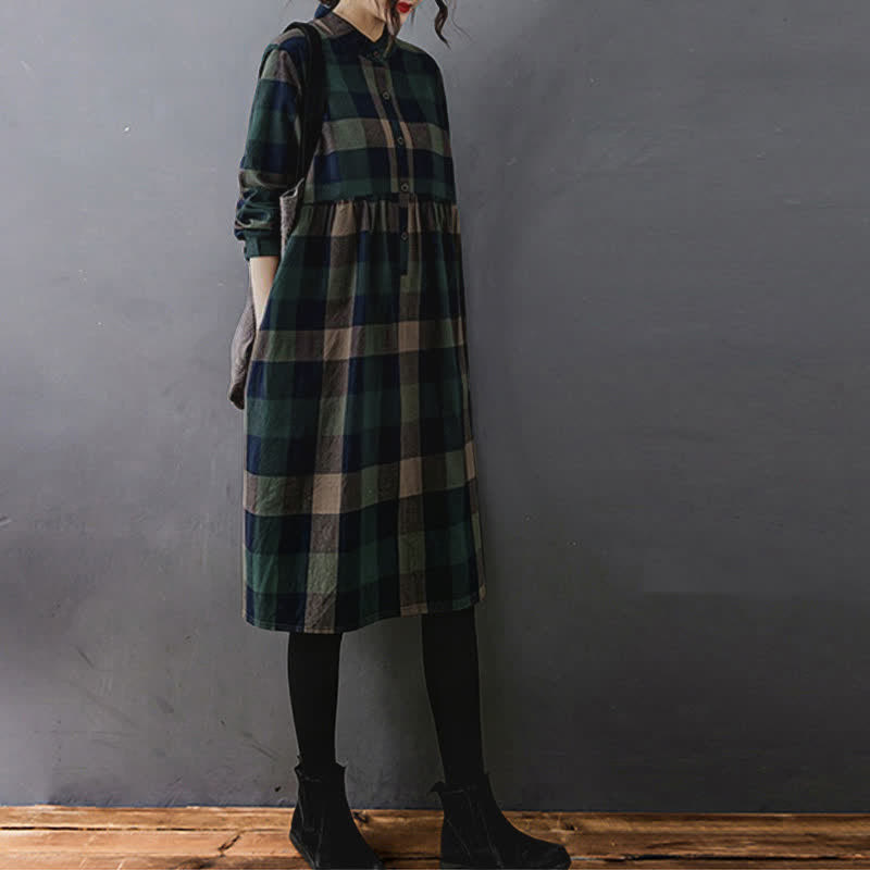 Nimara Ritual Commute Patchwork Color Plaid Long Sleeve Midi Dress